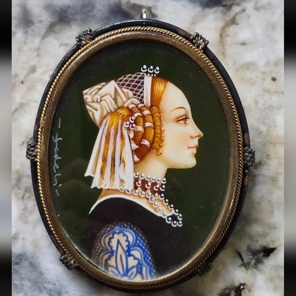 Vintage Italian Hand Painted Beautiful Signed 800 Silver Portrait Pin or Pendant